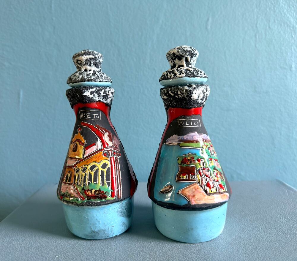 Vintage 1960s Italian Pottery Oil and Vinegar Cruets - Fat Lava Olio Aceto